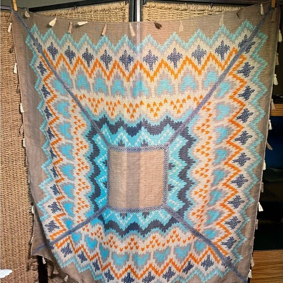 Vintage Women's Khaki and Blue Scarf-wraps,boho sheik - Picture 3 of 9